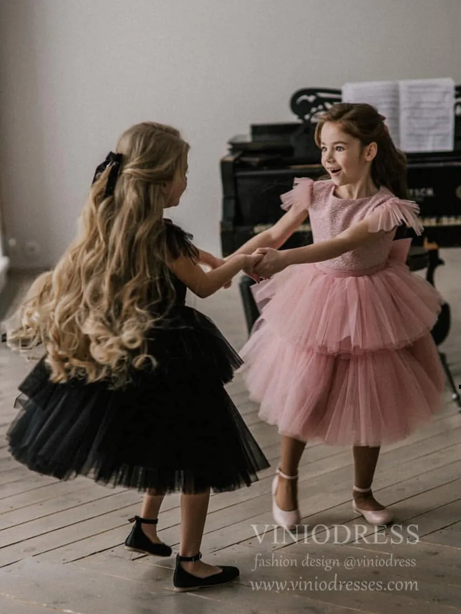 Dusty Rose and Black Tulle Flower Girl Dresses GL1062