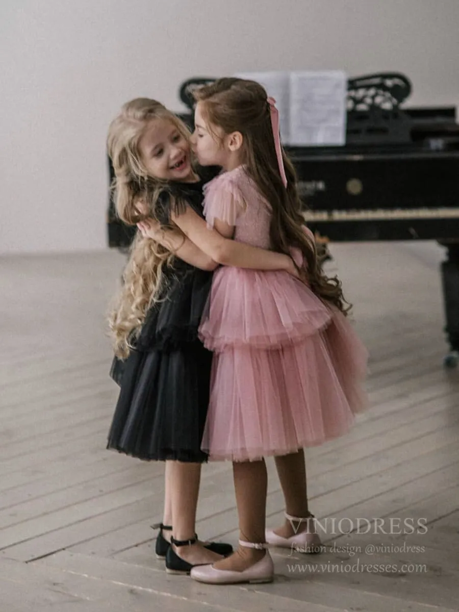 Dusty Rose and Black Tulle Flower Girl Dresses GL1062