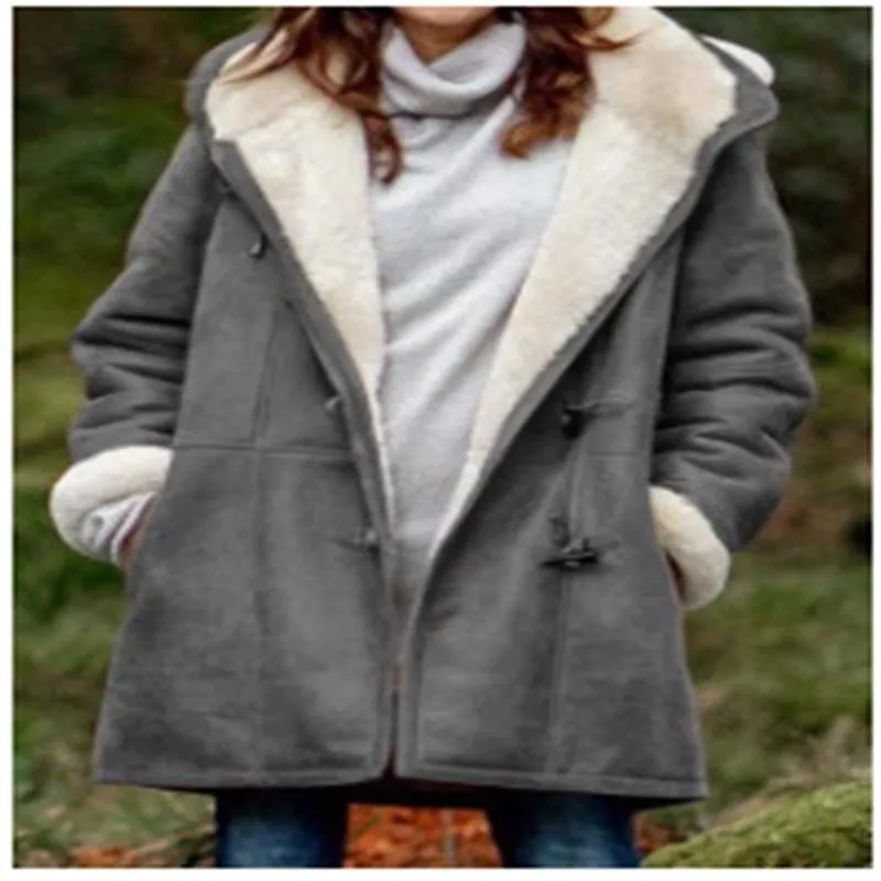 Europe Minimalist Harajuku Solid Colored Casual Button Cardigan Warm Mid-Length Hooded Women Coat Outerwear