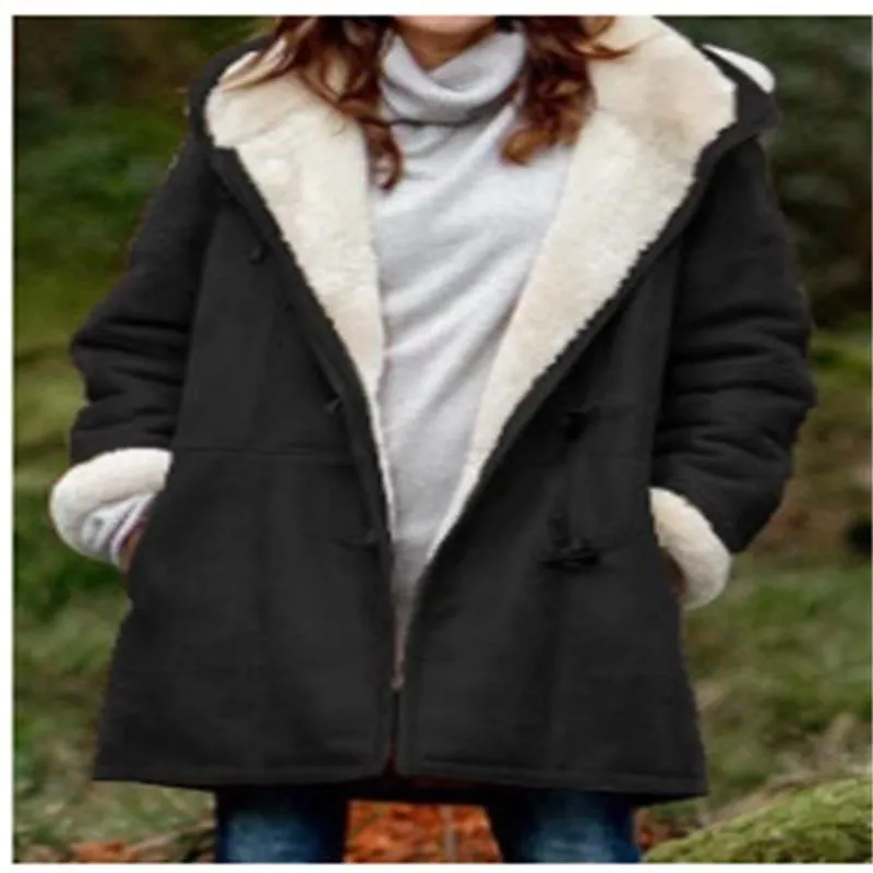 Europe Minimalist Harajuku Solid Colored Casual Button Cardigan Warm Mid-Length Hooded Women Coat Outerwear