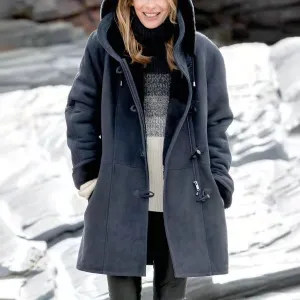 Europe Minimalist Harajuku Solid Colored Casual Button Cardigan Warm Mid-Length Hooded Women Coat Outerwear
