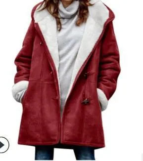 Europe Minimalist Harajuku Solid Colored Casual Button Cardigan Warm Mid-Length Hooded Women Coat Outerwear