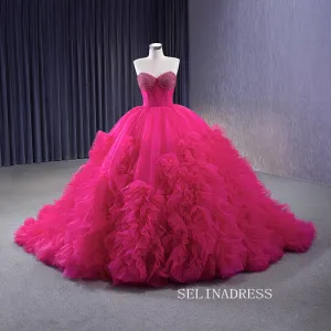 Fuchsia Sweetheart Beaded Sweet 16 Ball Gown Tiered Quinceanera Dress 231108