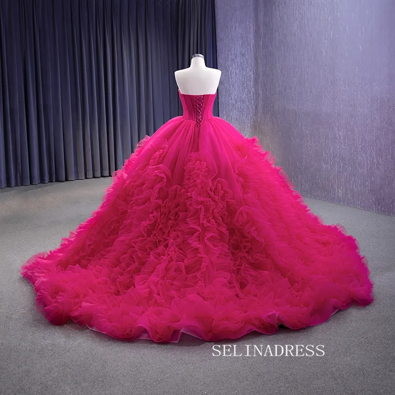 Fuchsia Sweetheart Beaded Sweet 16 Ball Gown Tiered Quinceanera Dress 231108