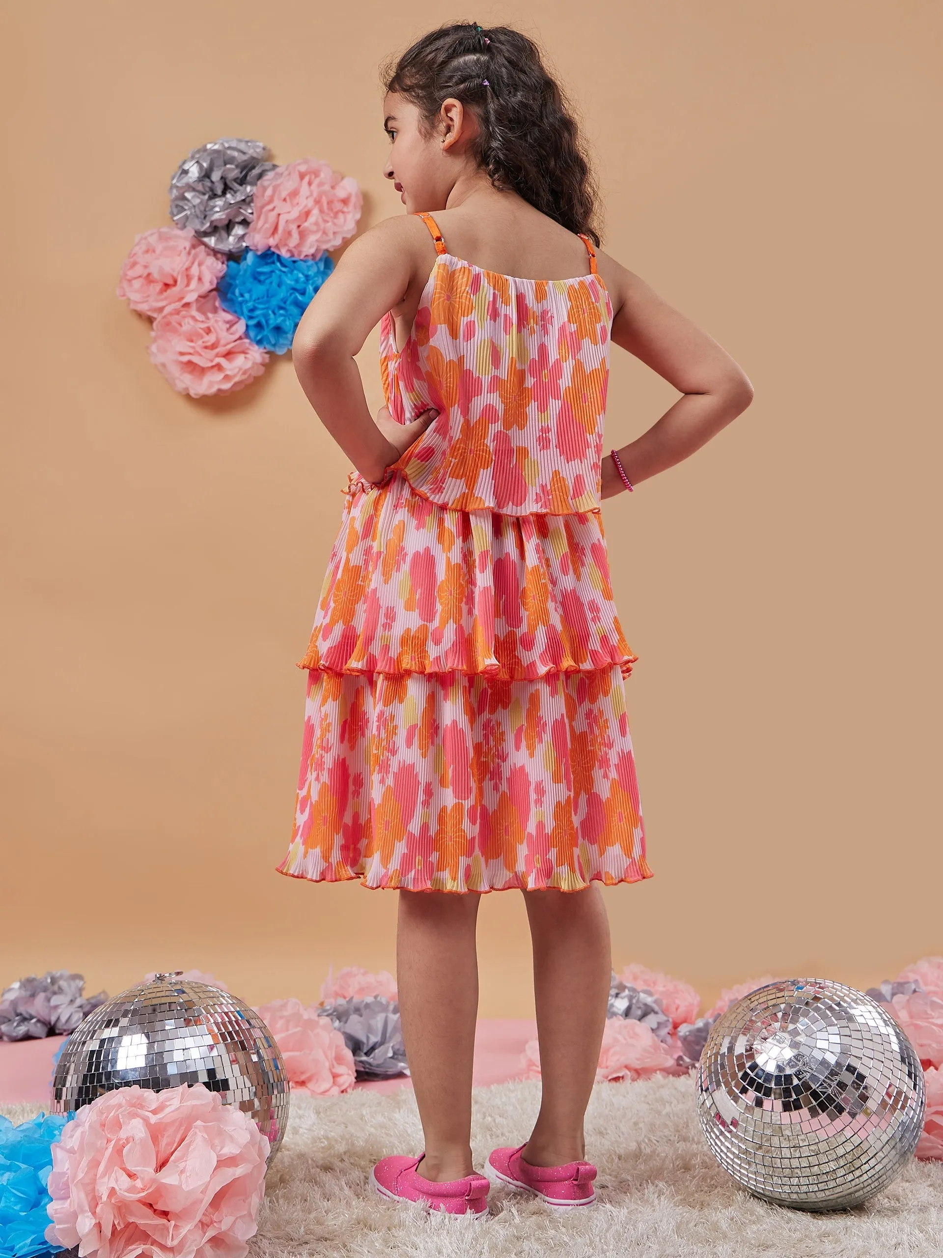 Girls Floral Printed Layered Fit Flare Dress
