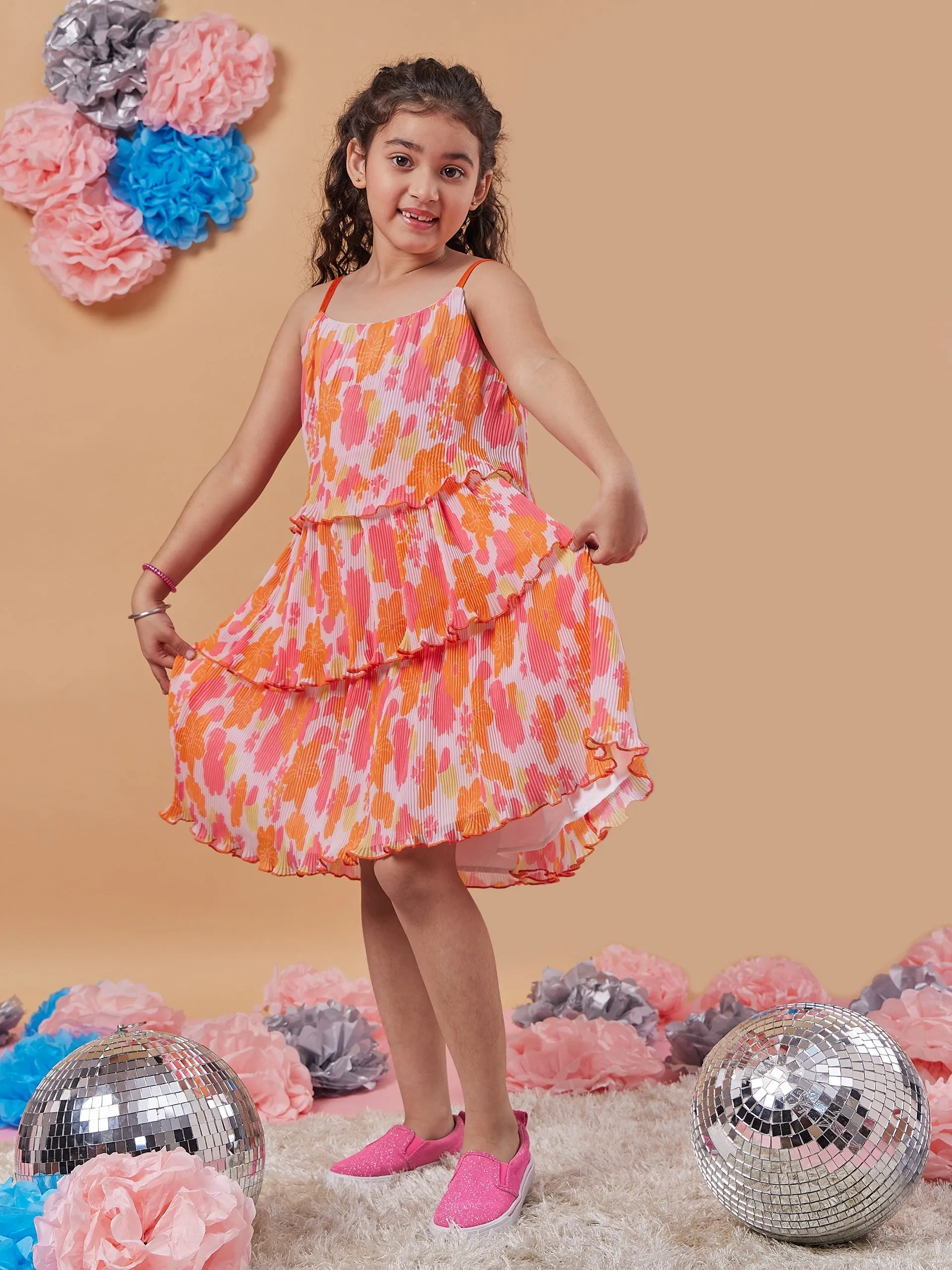Girls Floral Printed Layered Fit Flare Dress