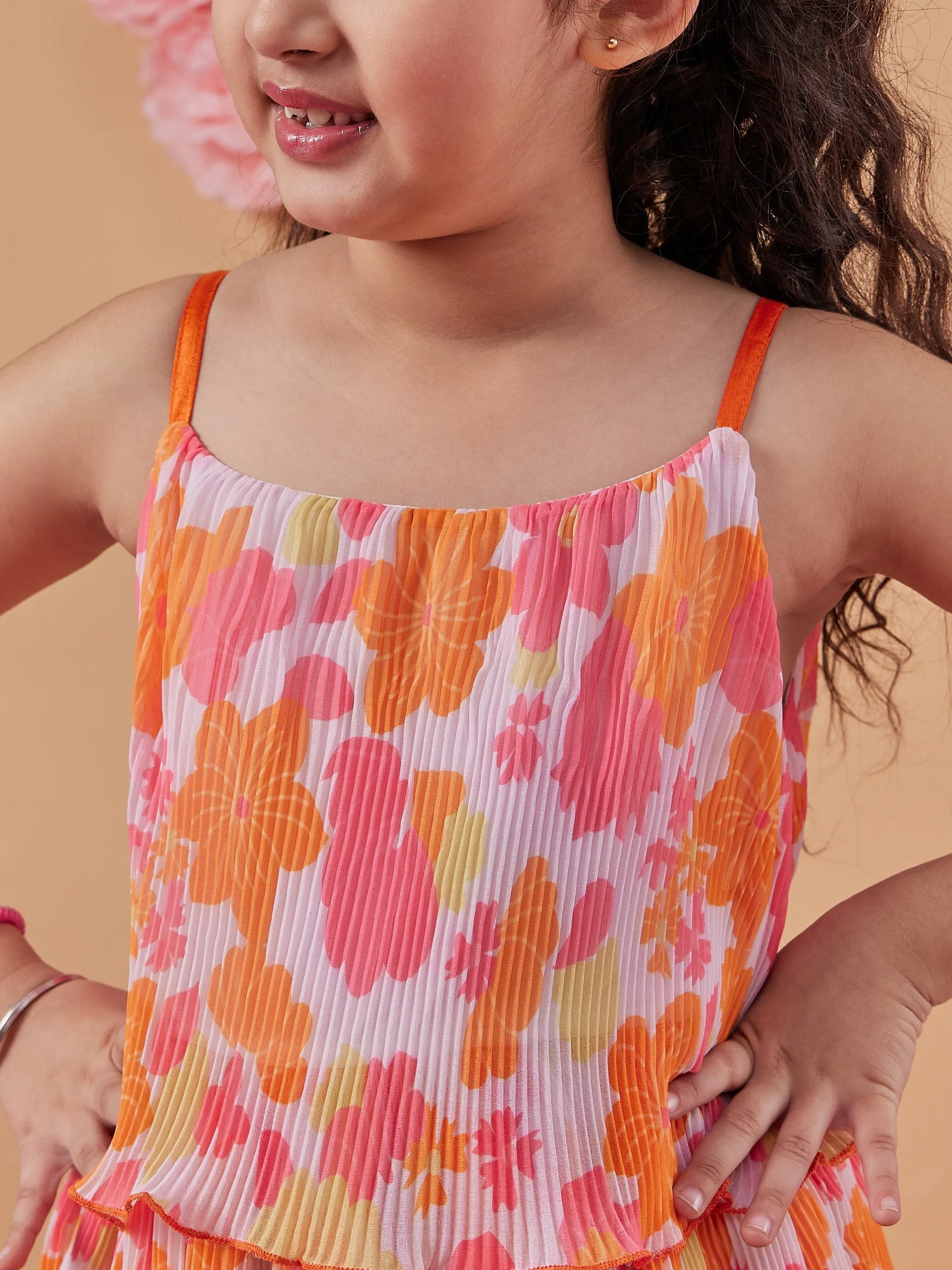 Girls Floral Printed Layered Fit Flare Dress