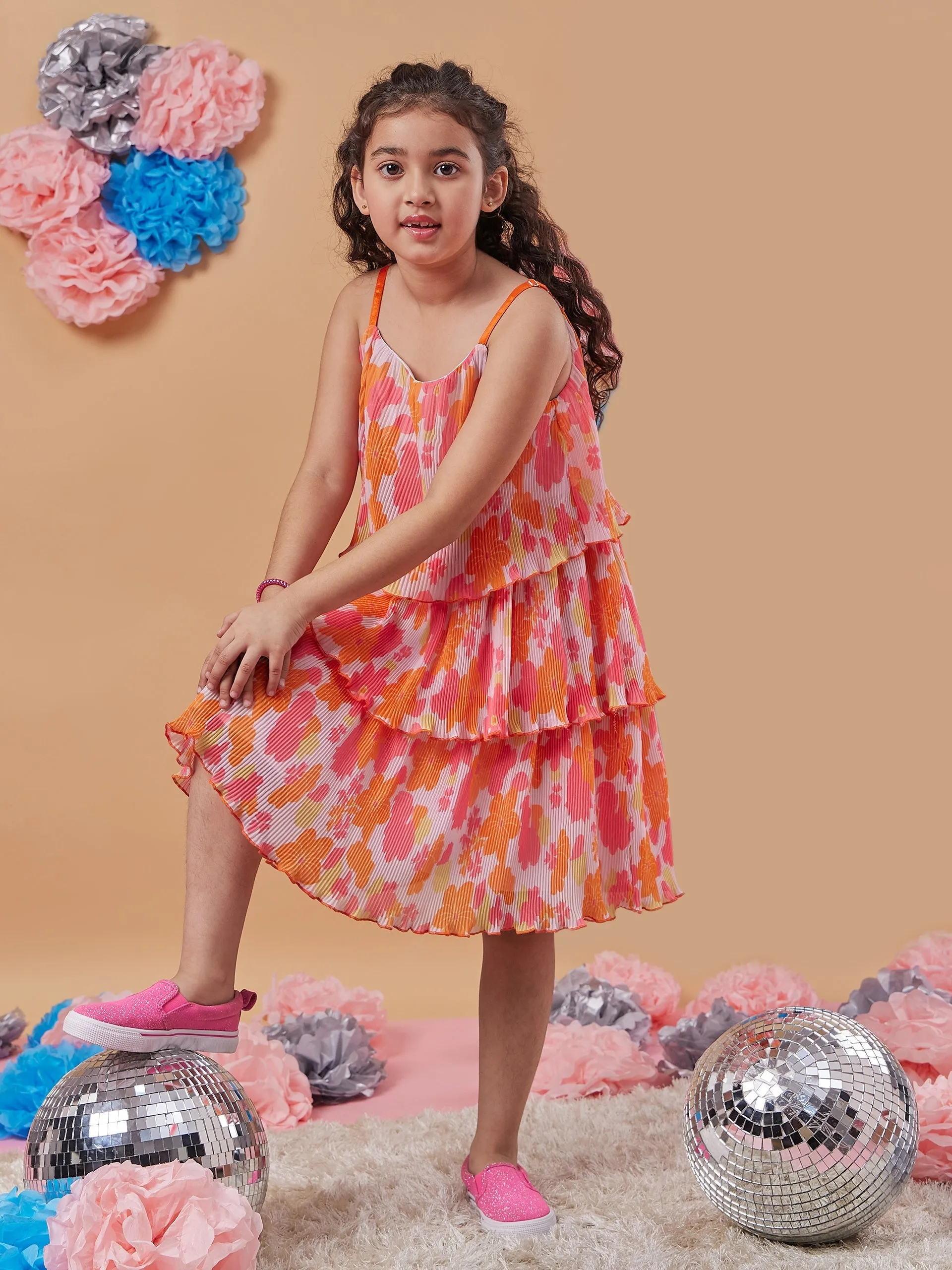 Girls Floral Printed Layered Fit Flare Dress
