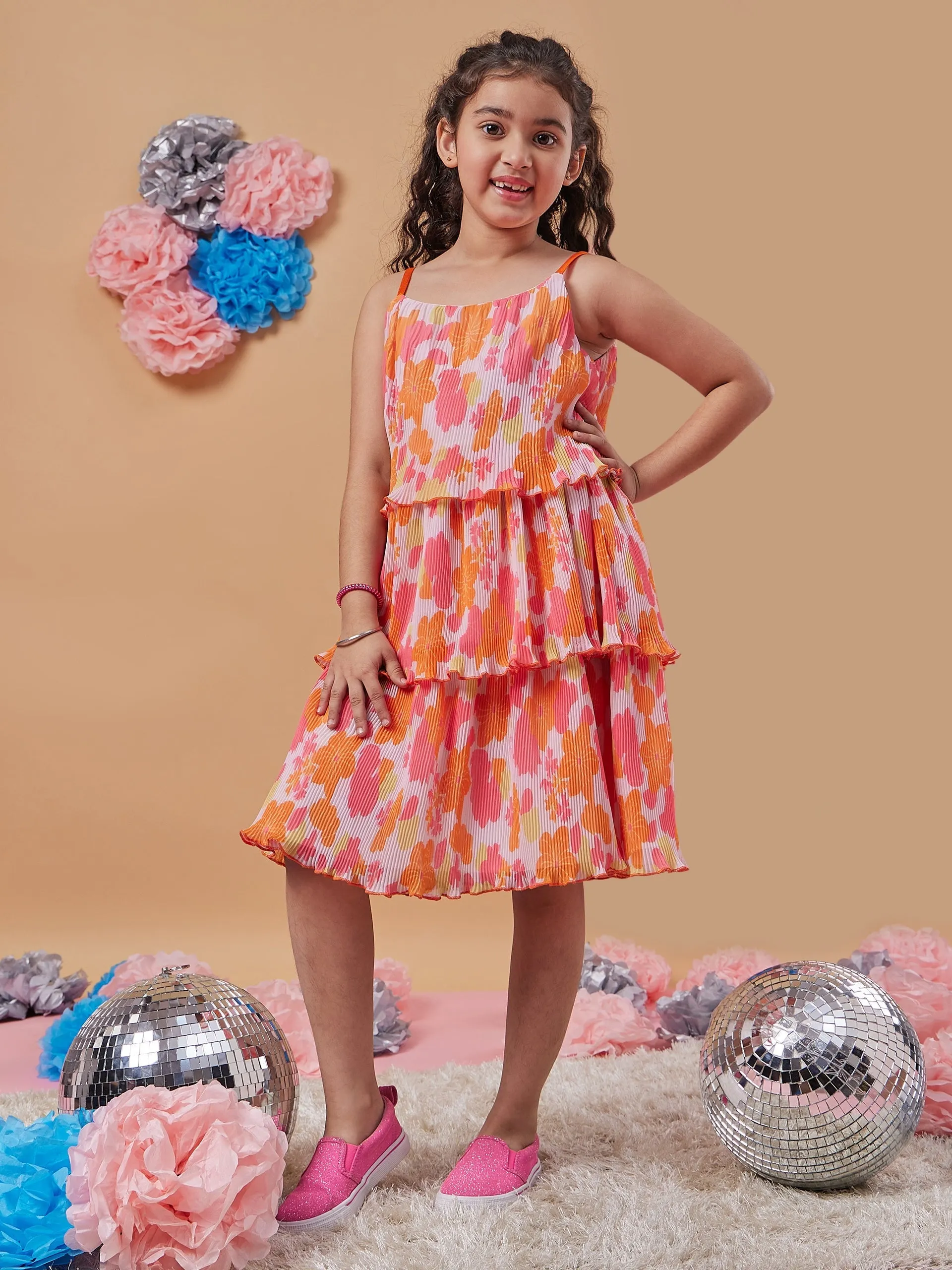 Girls Floral Printed Layered Fit Flare Dress
