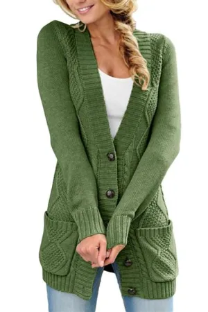 Green Front Pocket and Buttons Closure Cardigan