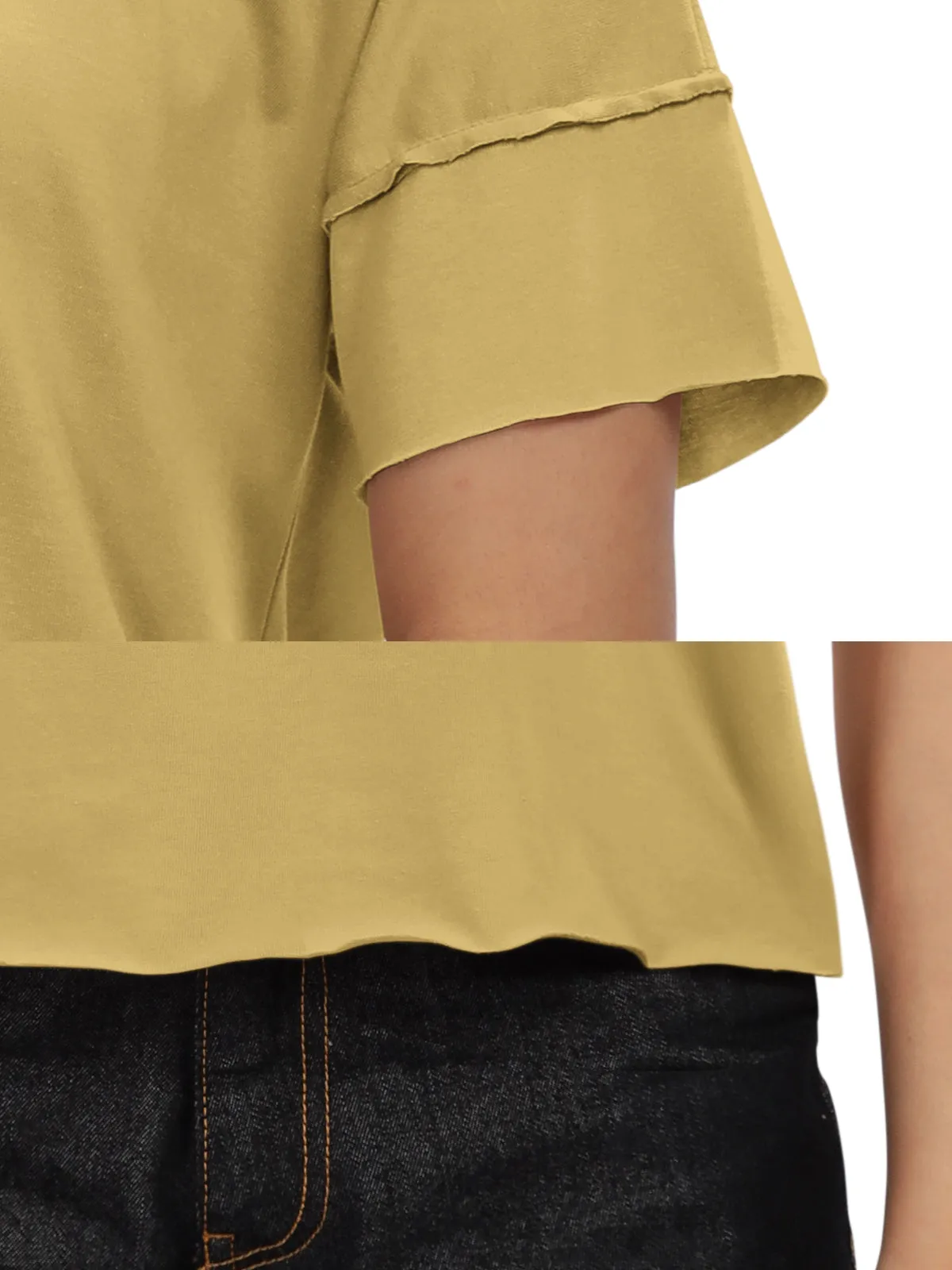 HELLCAT Mustard Printed Regular Fit Raw Edge Crew Neck Crop T-Shirt for Women