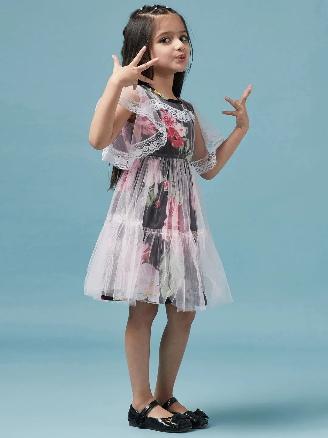 Lace Layered Floral Printed Fit Flare Dress