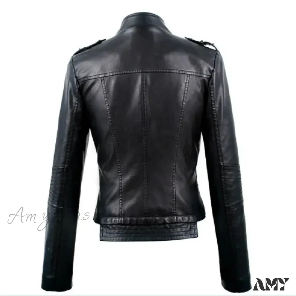 Locomotive PU Leather Short Slim-Fit Stand-Up Collar Rivet Leather Jacket