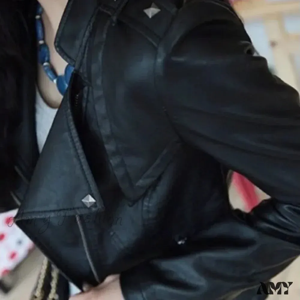 Locomotive PU Leather Short Slim-Fit Stand-Up Collar Rivet Leather Jacket