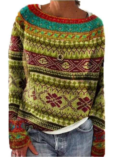 Long Sleeve Boho Printed Knit Pullover Sweater