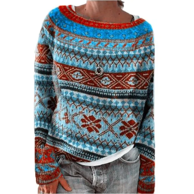 Long Sleeve Boho Printed Knit Pullover Sweater