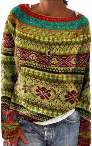 Long Sleeve Boho Printed Knit Pullover Sweater