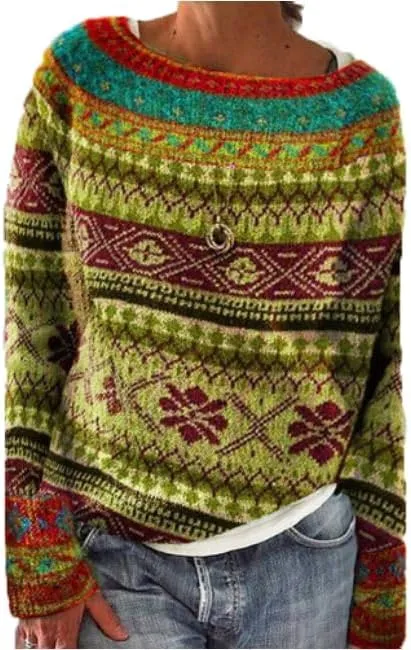Long Sleeve Boho Printed Knit Pullover Sweater