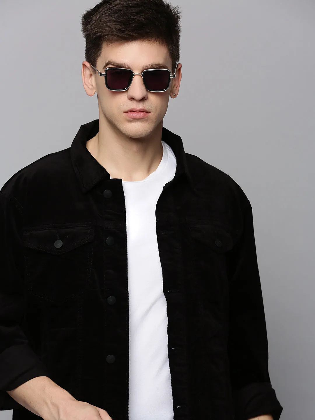 Men Black Spread Collar Corduroy Tailored Jacket