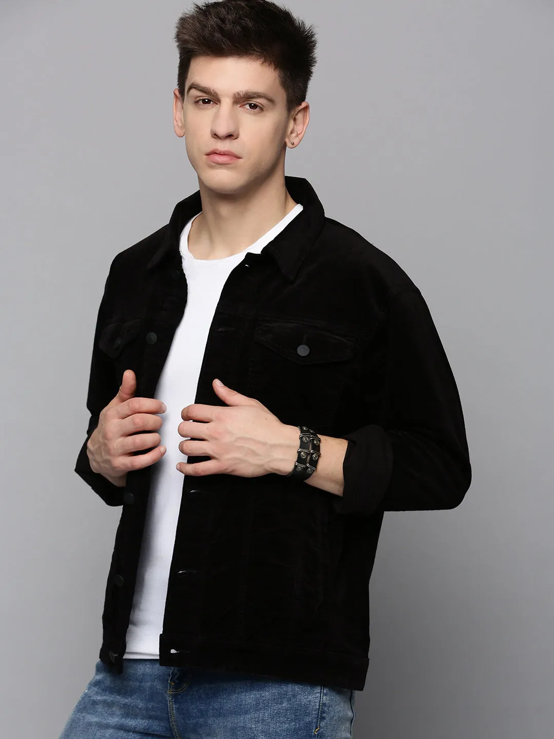 Men Black Spread Collar Corduroy Tailored Jacket