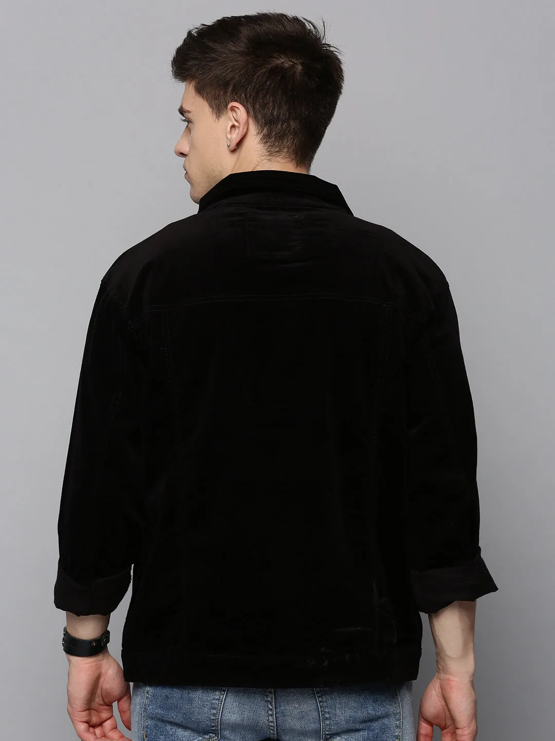 Men Black Spread Collar Corduroy Tailored Jacket