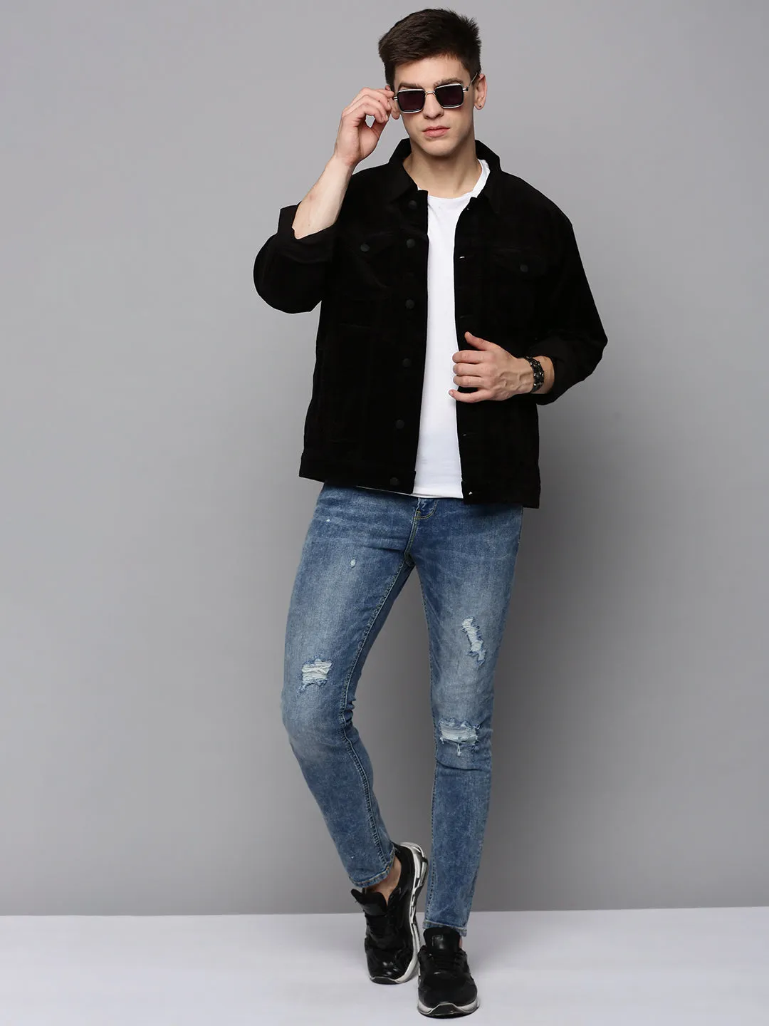 Men Black Spread Collar Corduroy Tailored Jacket