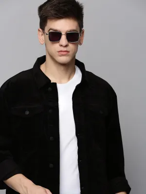 Men Black Spread Collar Corduroy Tailored Jacket