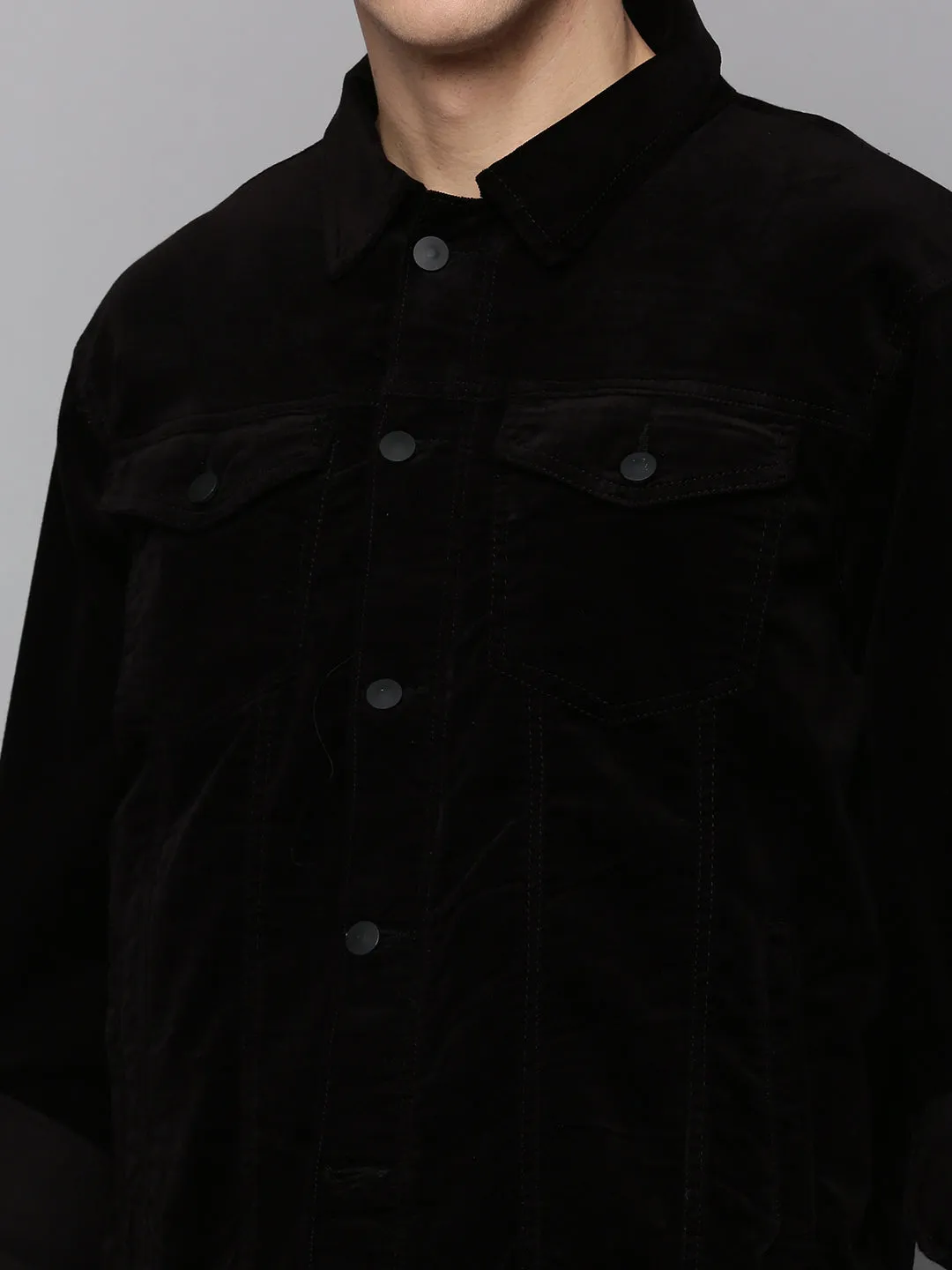 Men Black Spread Collar Corduroy Tailored Jacket