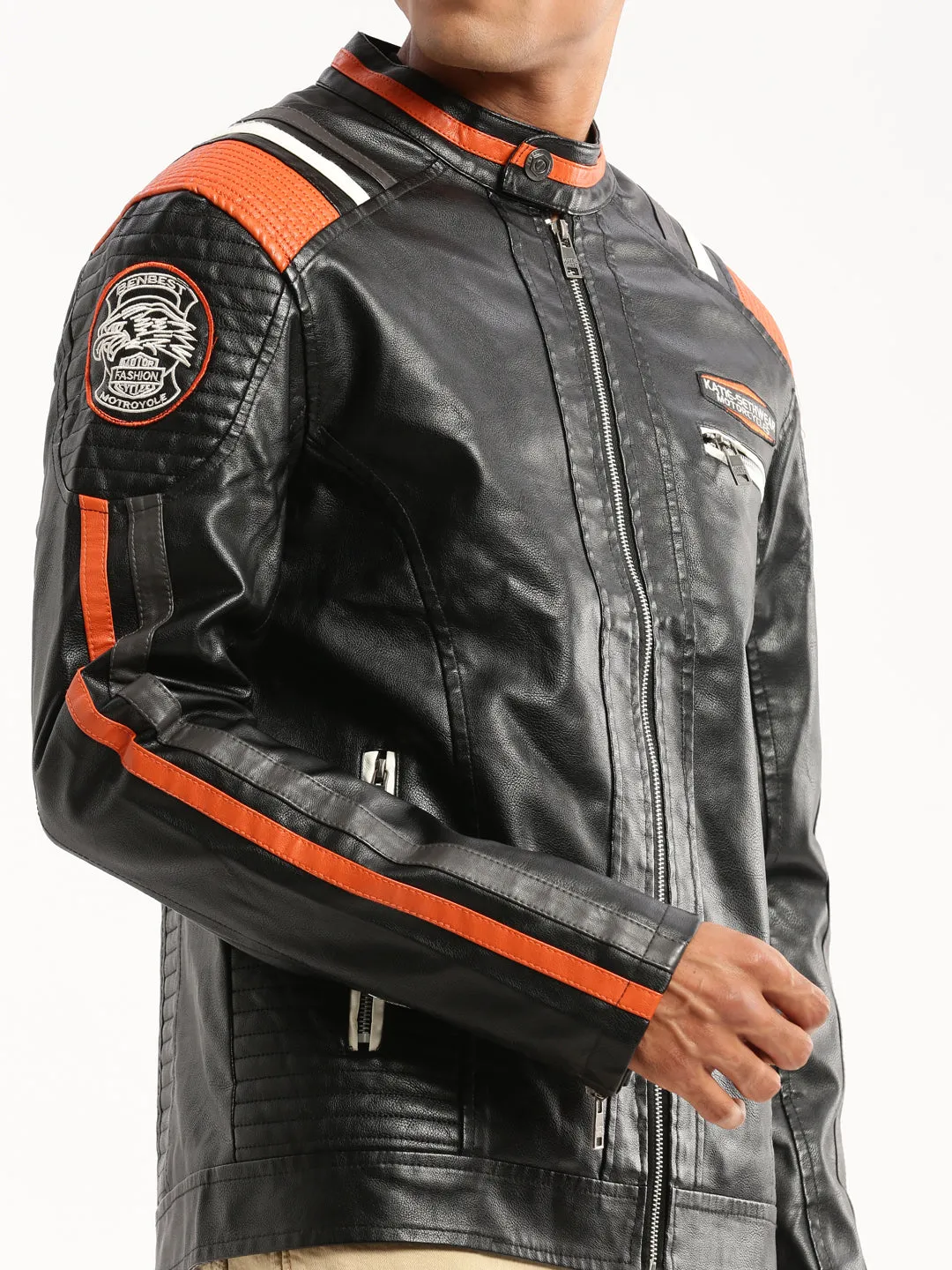 Men Black Stand Collar Solid Tailored Jacket