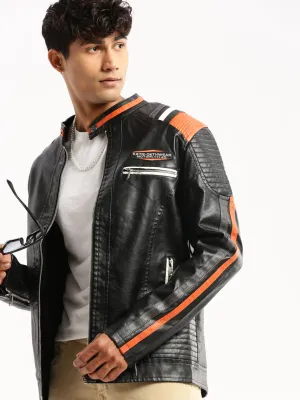 Men Black Stand Collar Solid Tailored Jacket