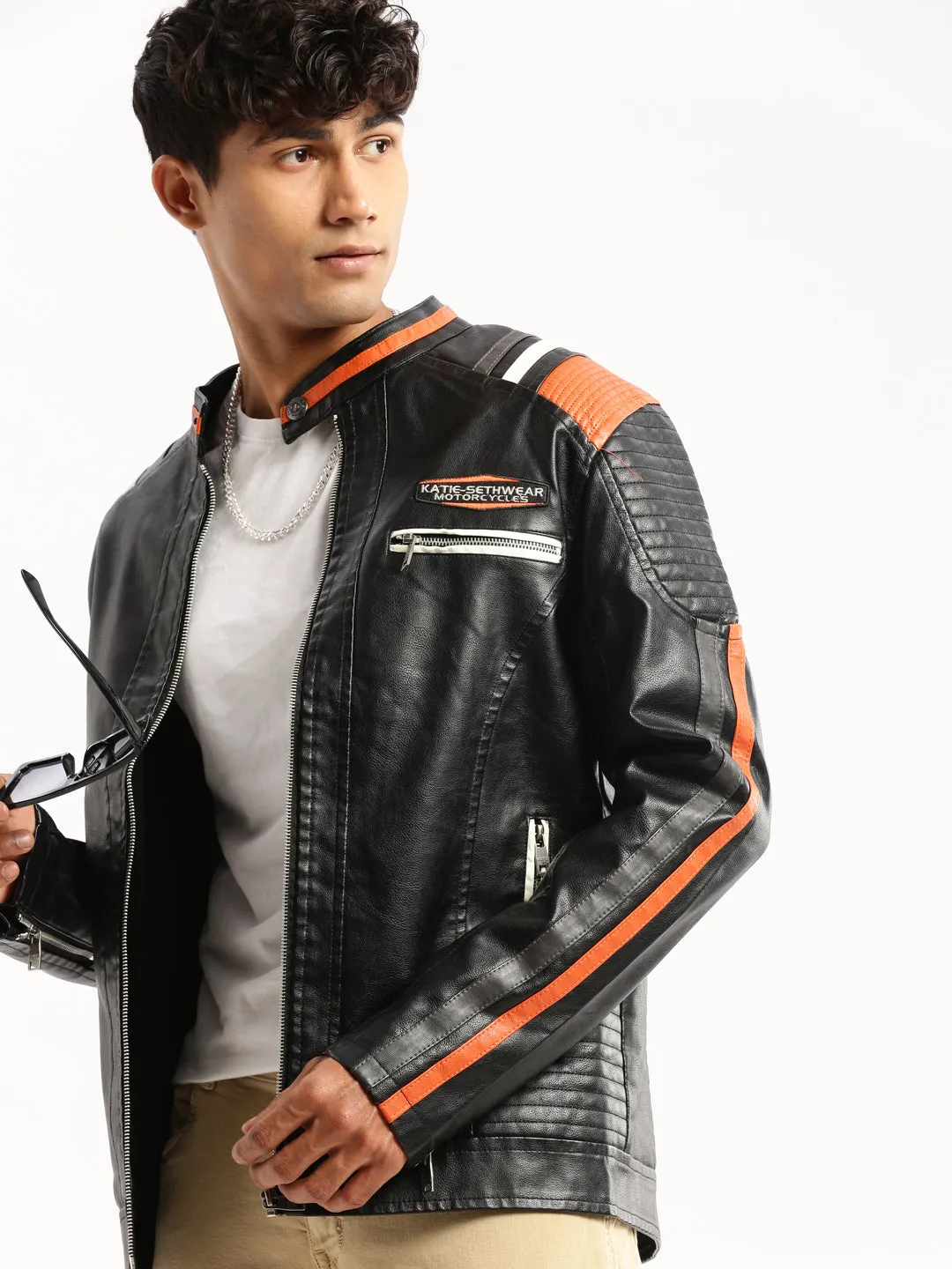 Men Black Stand Collar Solid Tailored Jacket