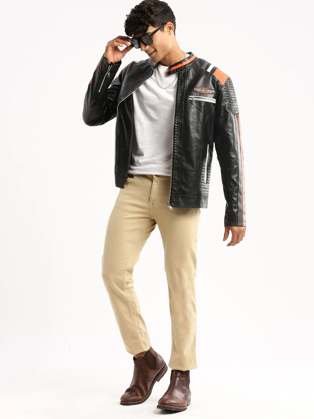 Men Black Stand Collar Solid Tailored Jacket