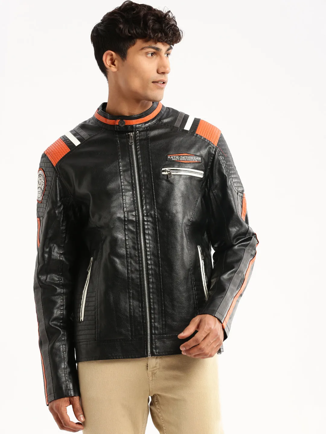 Men Black Stand Collar Solid Tailored Jacket