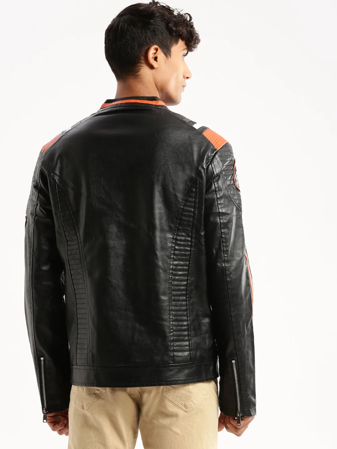 Men Black Stand Collar Solid Tailored Jacket