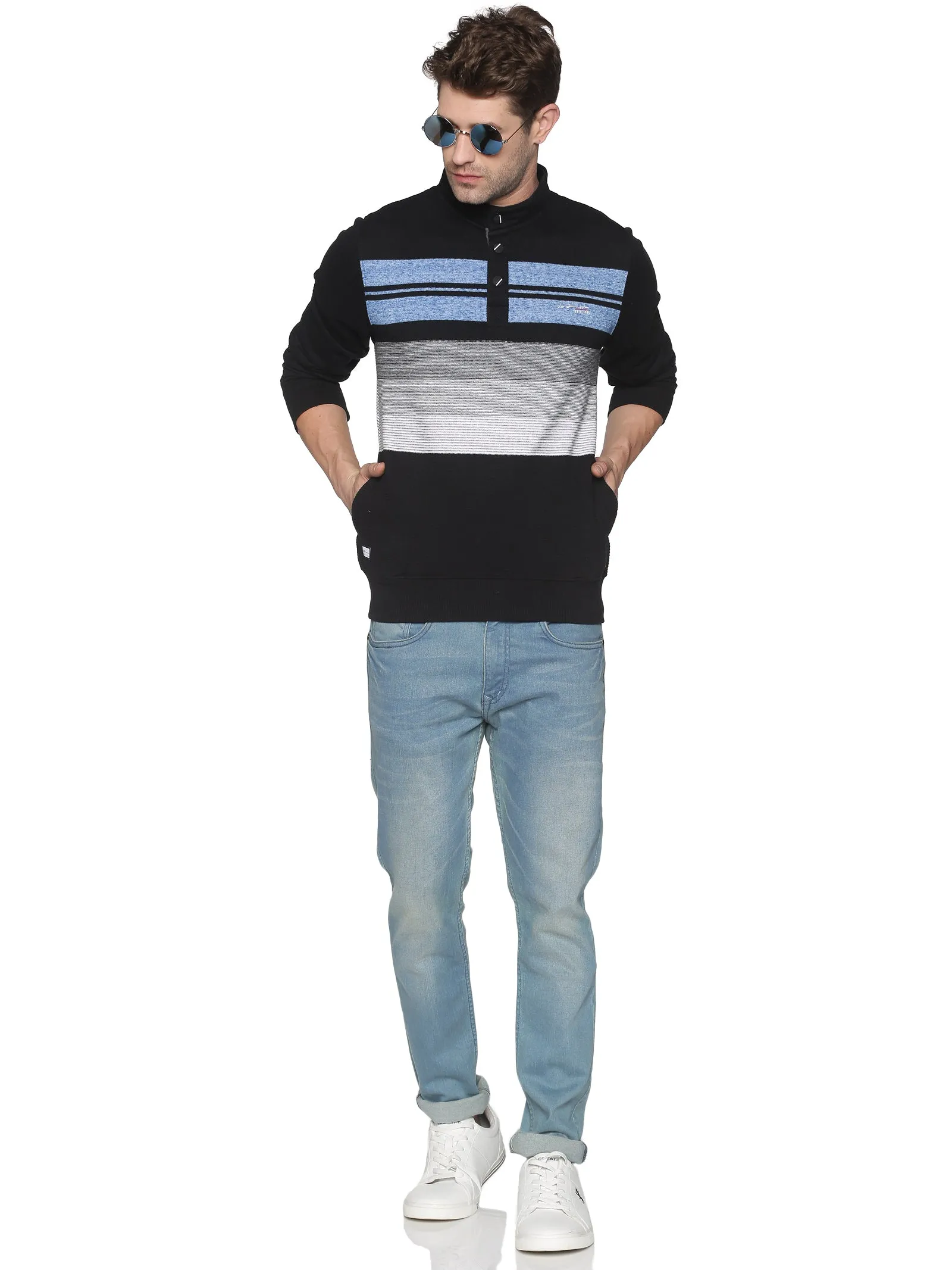 Men Black Striped Casual Sweatshirt
