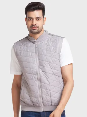 Men Grey Tailored Fit Solid Polyester Sleeveless Jackets