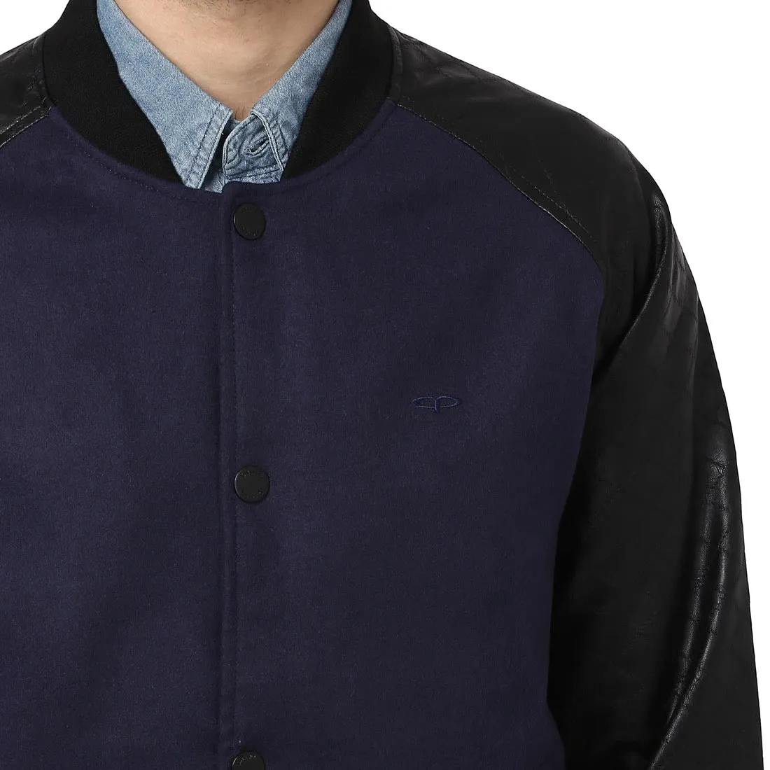 Men Navy Tailored Fit Cotton Polyester Blend Full Sleeve Jackets