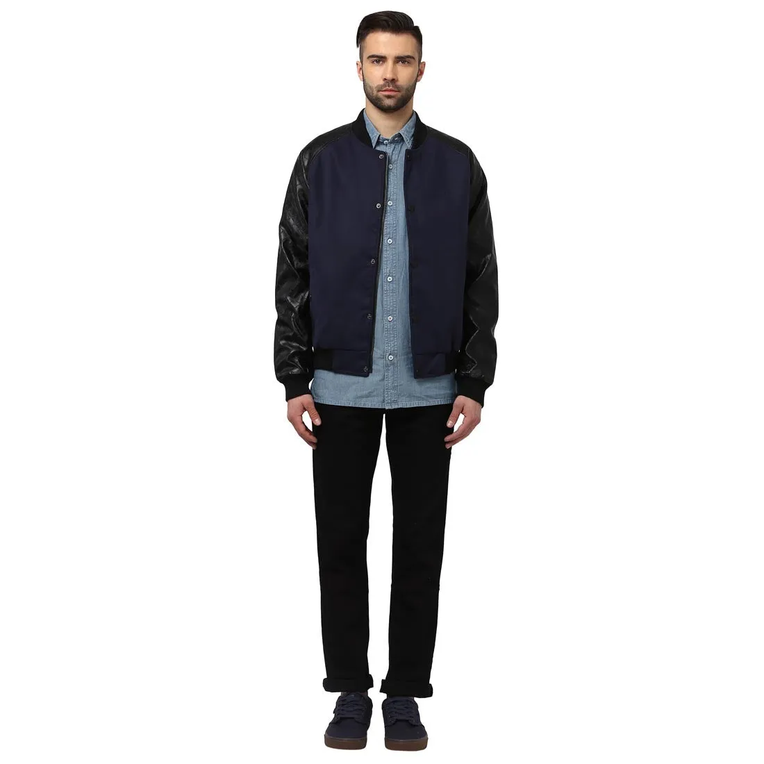Men Navy Tailored Fit Cotton Polyester Blend Full Sleeve Jackets