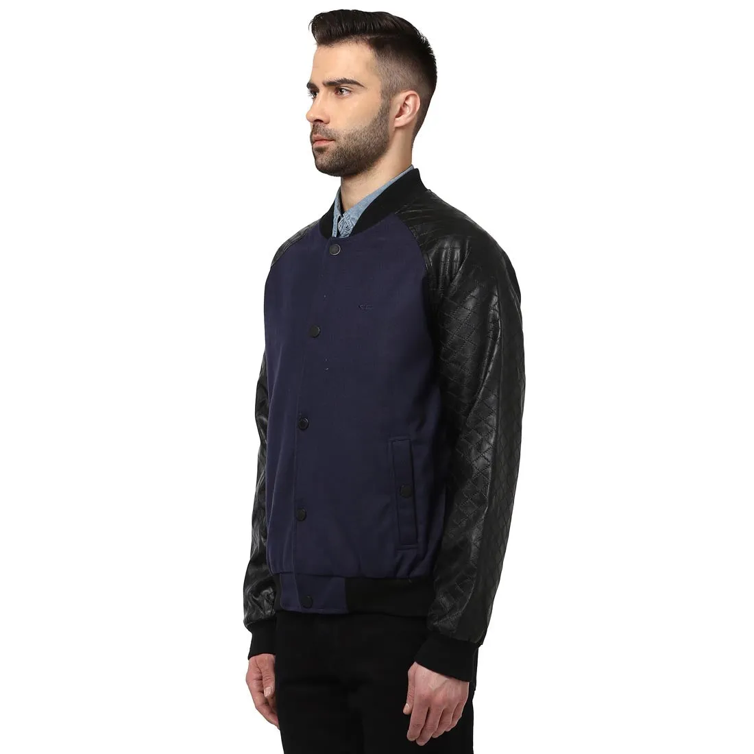 Men Navy Tailored Fit Cotton Polyester Blend Full Sleeve Jackets