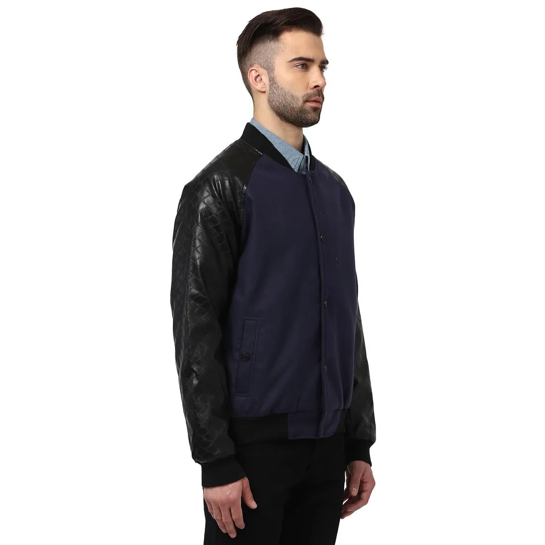 Men Navy Tailored Fit Cotton Polyester Blend Full Sleeve Jackets