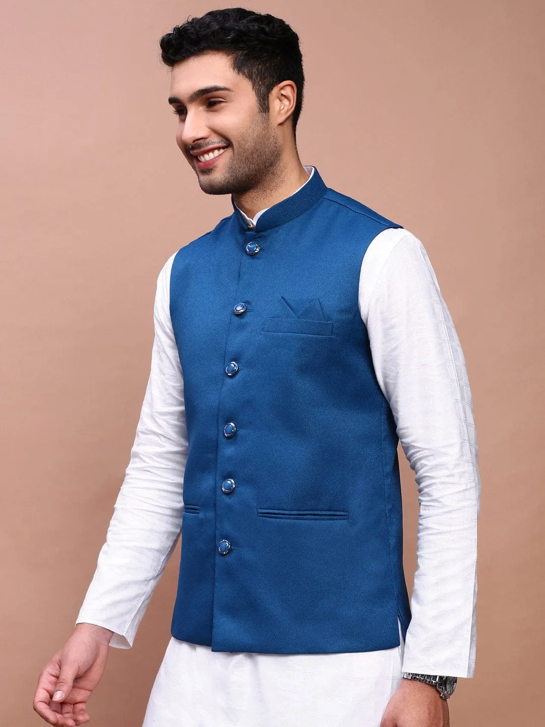 Men Turquoise Blue Slim-Fit Nehru Jackets