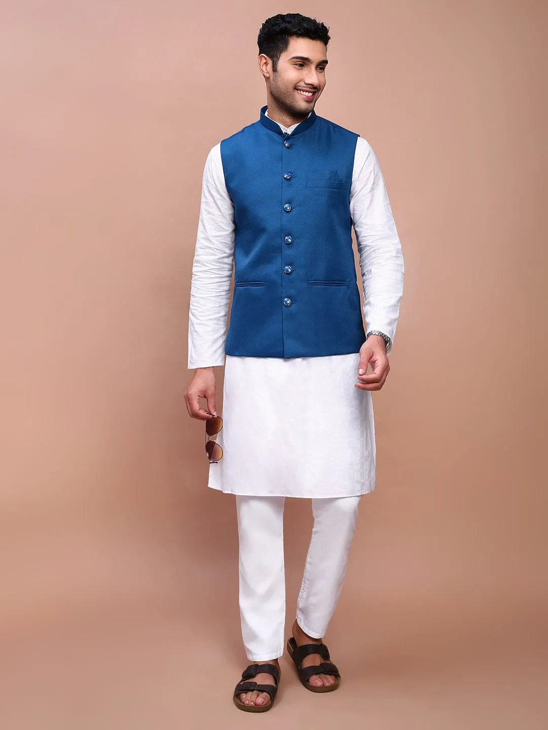 Men Turquoise Blue Slim-Fit Nehru Jackets