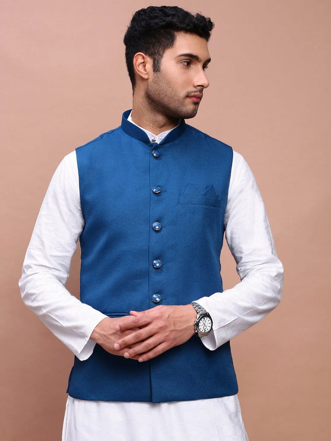 Men Turquoise Blue Slim-Fit Nehru Jackets