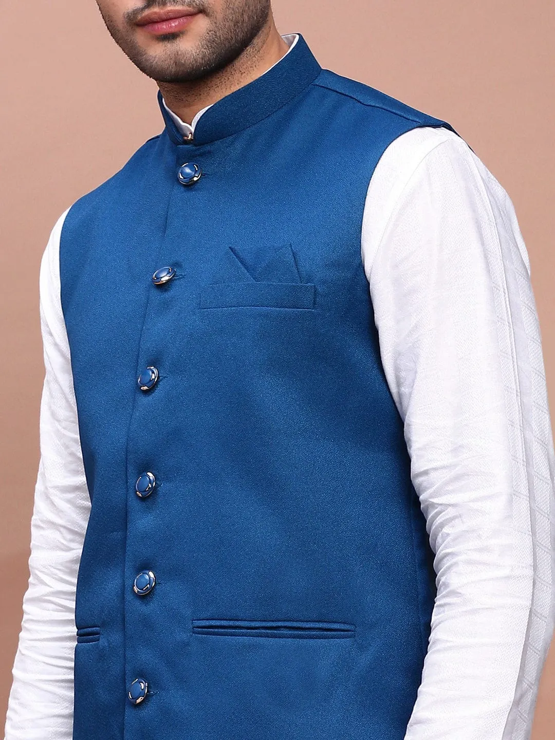 Men Turquoise Blue Slim-Fit Nehru Jackets
