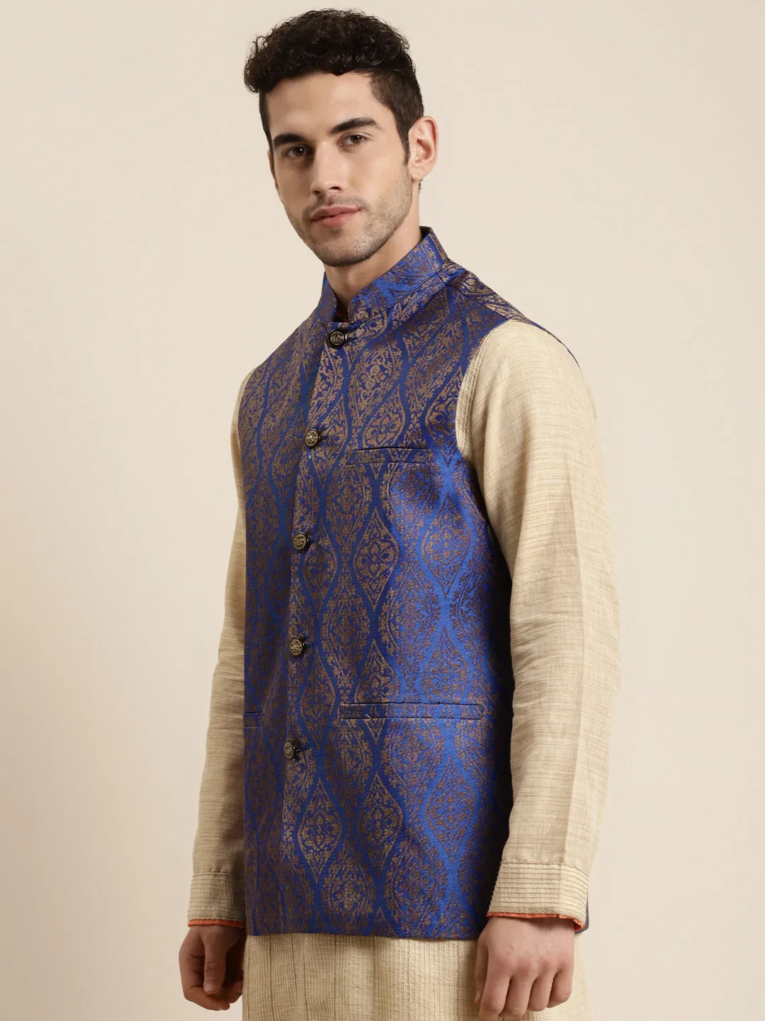 Men's Jacquard Silk Blue & Gold Nehru Jacket - Sojanya