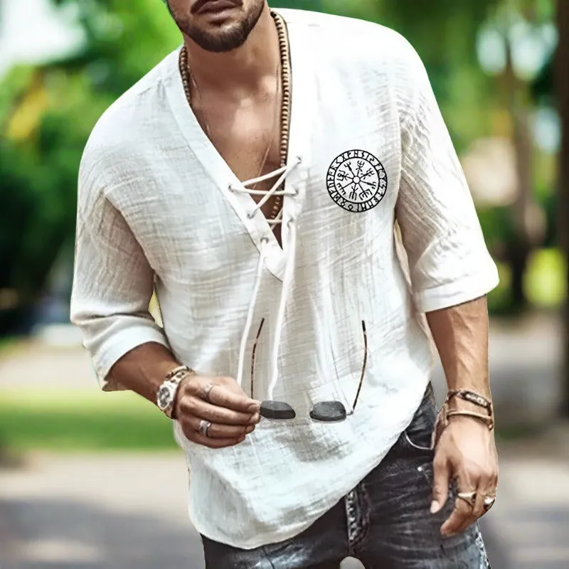 Mens Linen Shirt - Relaxed Fit - V-Neck Lace-Up - Three-Quarter Sleeve Casual Wear