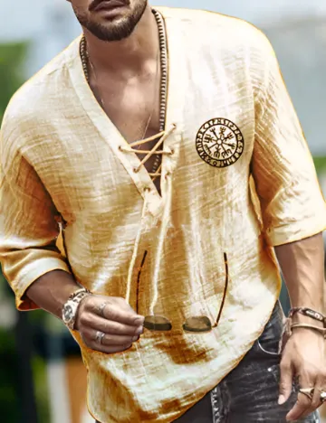 Mens Linen Shirt - Relaxed Fit - V-Neck Lace-Up - Three-Quarter Sleeve Casual Wear