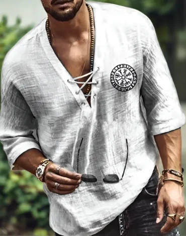Mens Linen Shirt - Relaxed Fit - V-Neck Lace-Up - Three-Quarter Sleeve Casual Wear