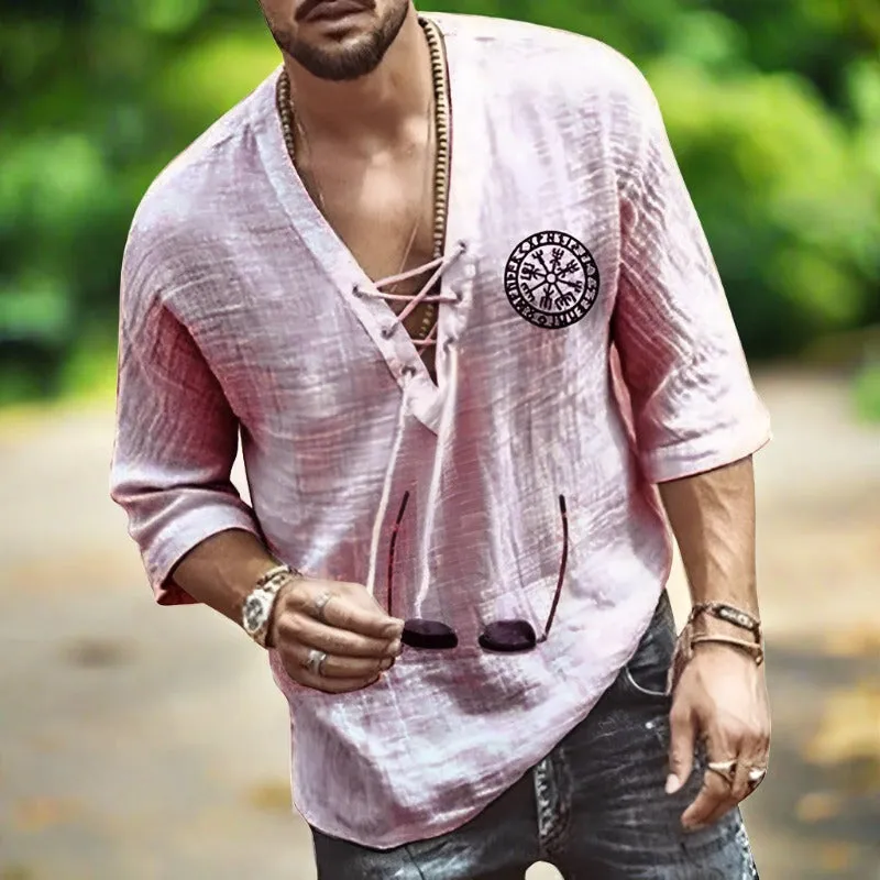 Mens Linen Shirt - Relaxed Fit - V-Neck Lace-Up - Three-Quarter Sleeve Casual Wear