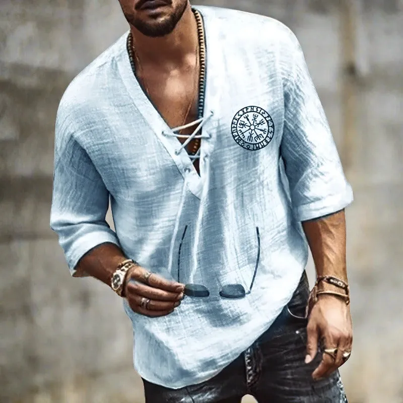 Mens Linen Shirt - Relaxed Fit - V-Neck Lace-Up - Three-Quarter Sleeve Casual Wear